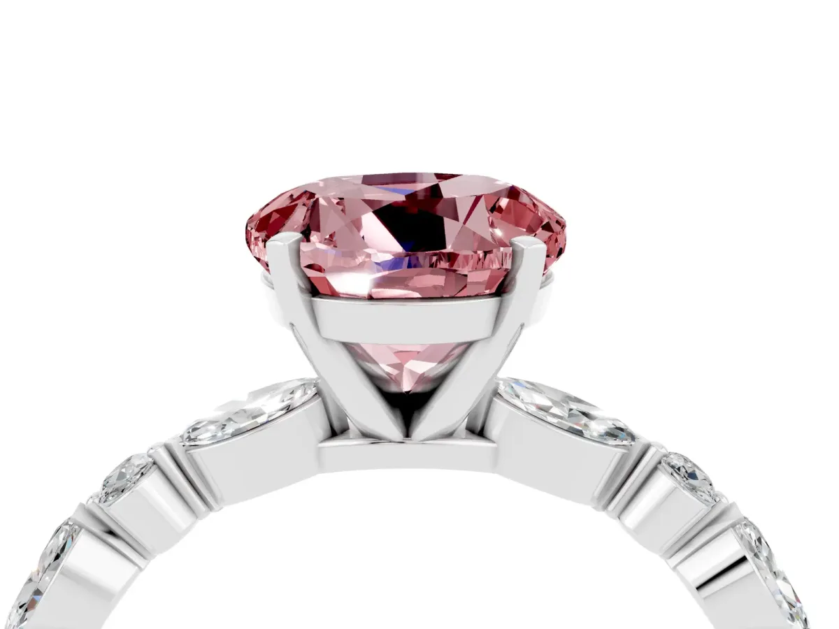 Round Cut Morganite Ring with Marquise and Round Side Stones and Four-Prong Setting Silver