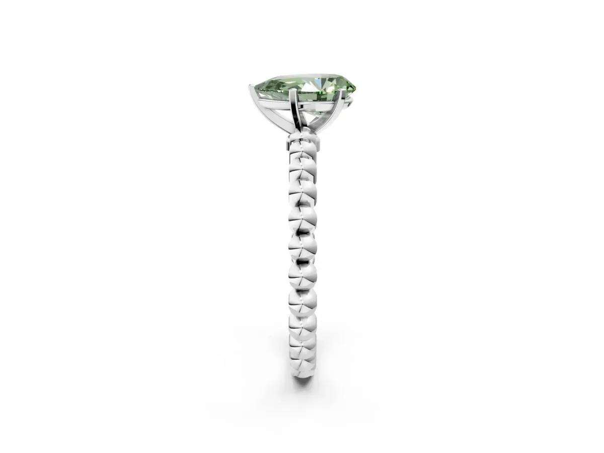 Fancy Green Pear Cut Diamond Solitaire Ring with Beaded Band and Prong Setting Platinum
