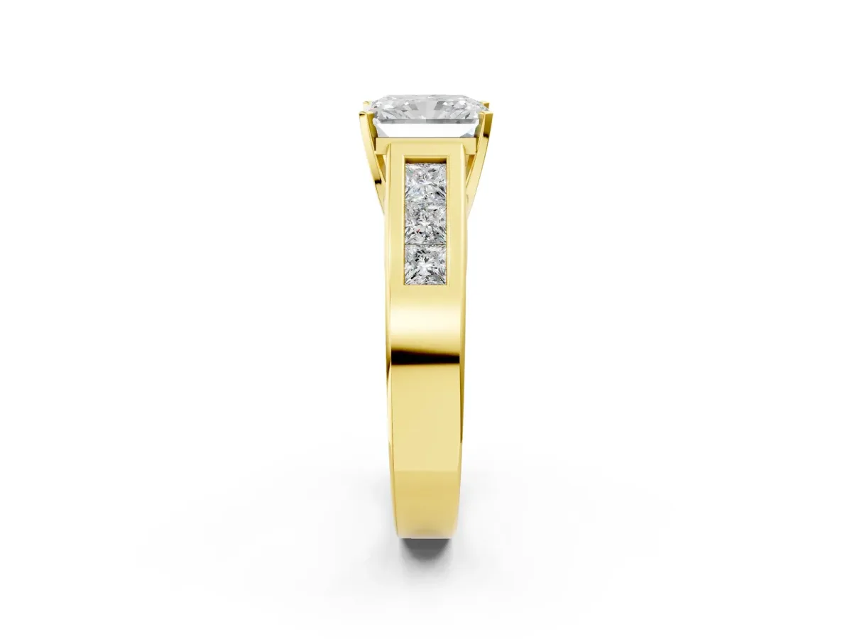 Radiant Cut Cut Channel Set Solitaire Ring with Four-Prong Setting Yellow gold