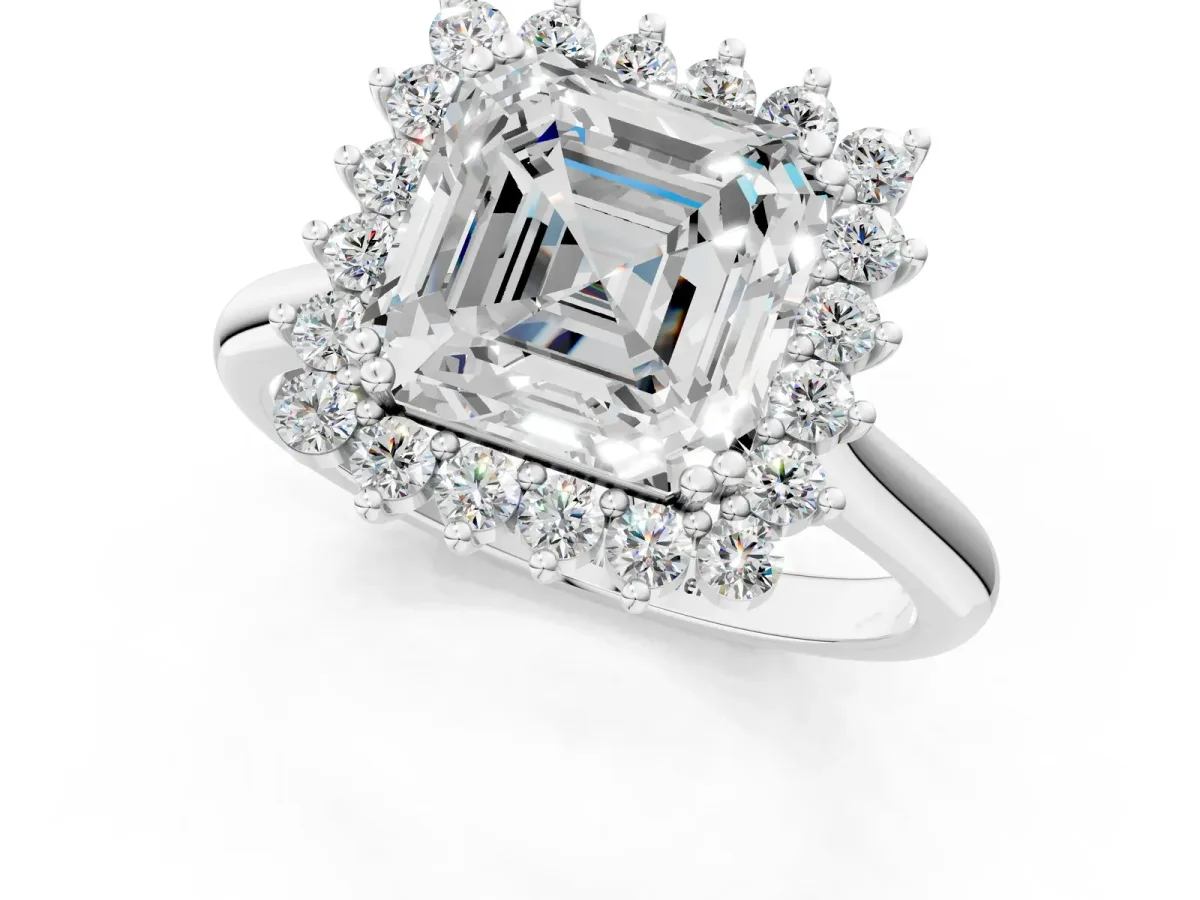 Asscher Cut Cut Diamond Halo Ring with Solitaire Band and Prong Setting Platinum