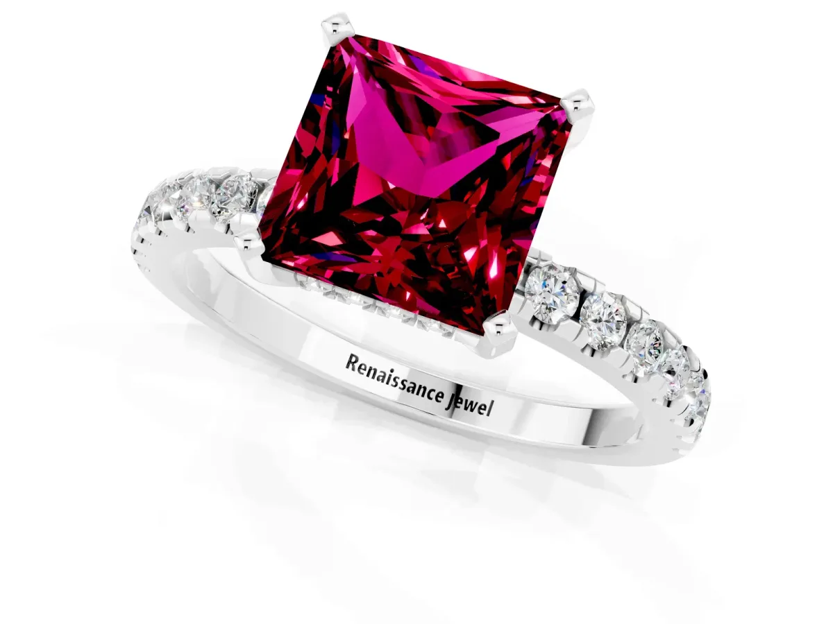 Princess Cut Garnet Solitaire Ring with Round Pavé Band and Four-Prong Setting Silver