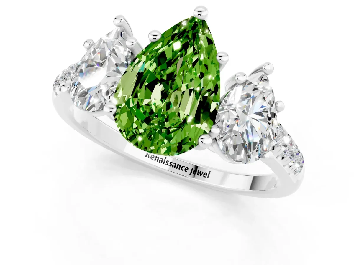 Three-Stone Pear Cut Peridot Ring with Round Pavé Band and Prong Setting Silver