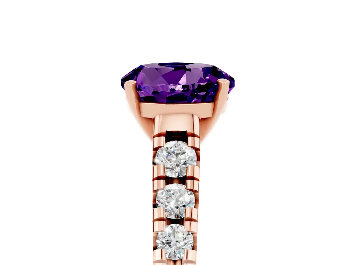 Round Cut Amethyst Cathedral Solitaire Ring with Round Pavé Band Rose gold