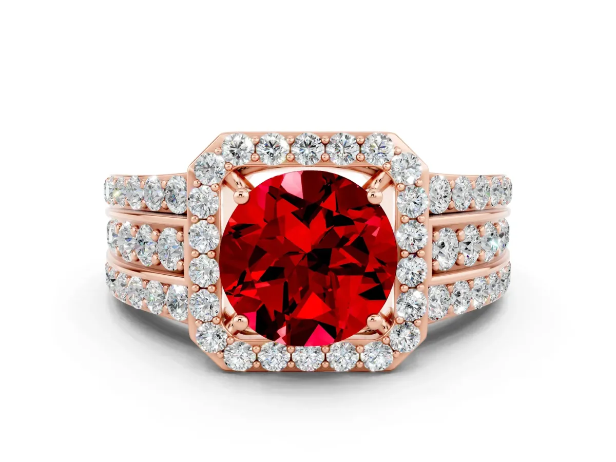 Round Cut Halo Ruby Ring with Round Split Shank and Prong Setting Rose gold