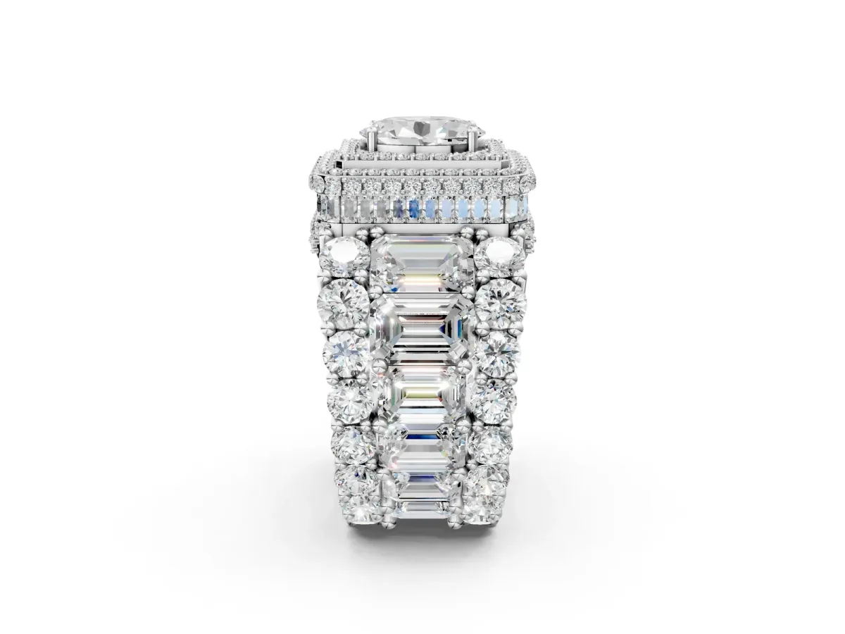 Oval Diamond Halo Mens Ring with Baguette Side Stones Silver