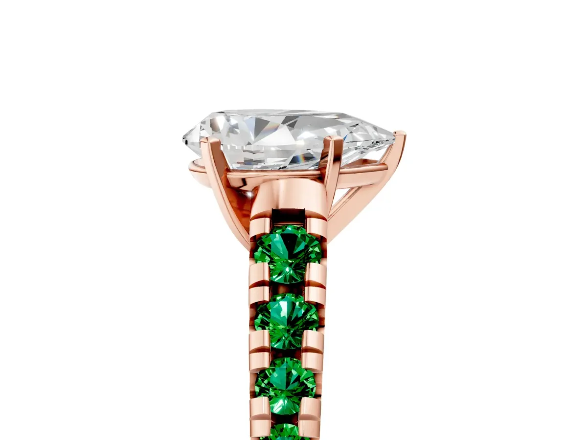 Pear Cut Diamond Cathedral Solitaire Ring with Round Emerald Pavé Band Rose gold
