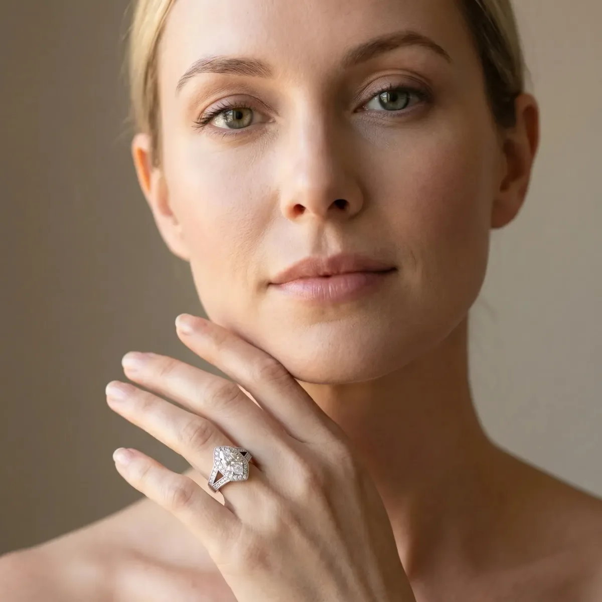 Marquise Cut Halo Split Shank Diamond Ring with Milgrain Prong Setting Platinum