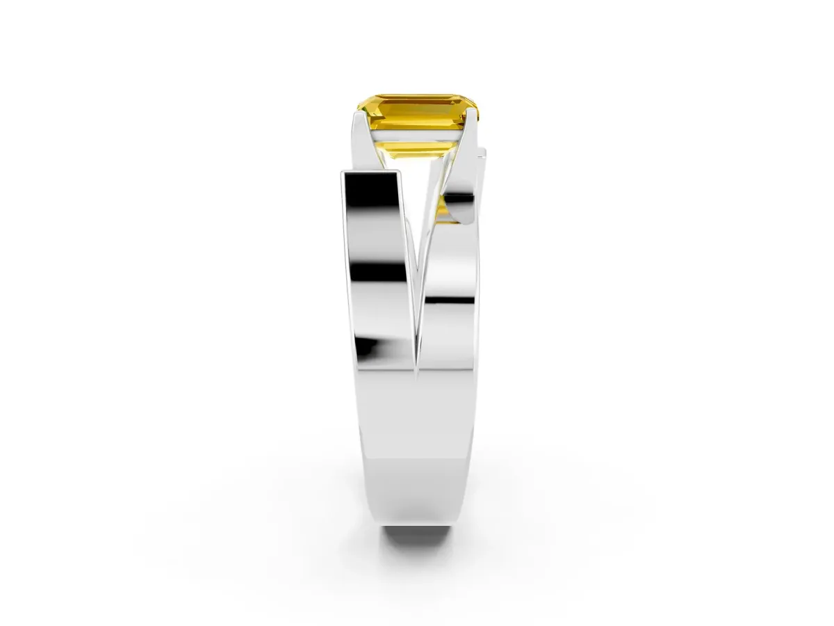 Modern Tension Set Emerald Cut Yellow Sapphire Solitaire Wide Band Ring Silver