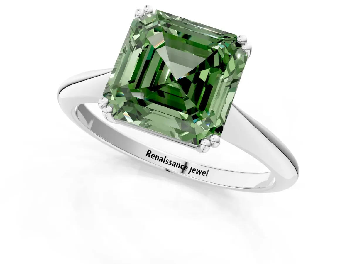 Fancy Green Asscher Cut Solitaire Diamond Ring with Six-Prong Setting and Classic Band Platinum