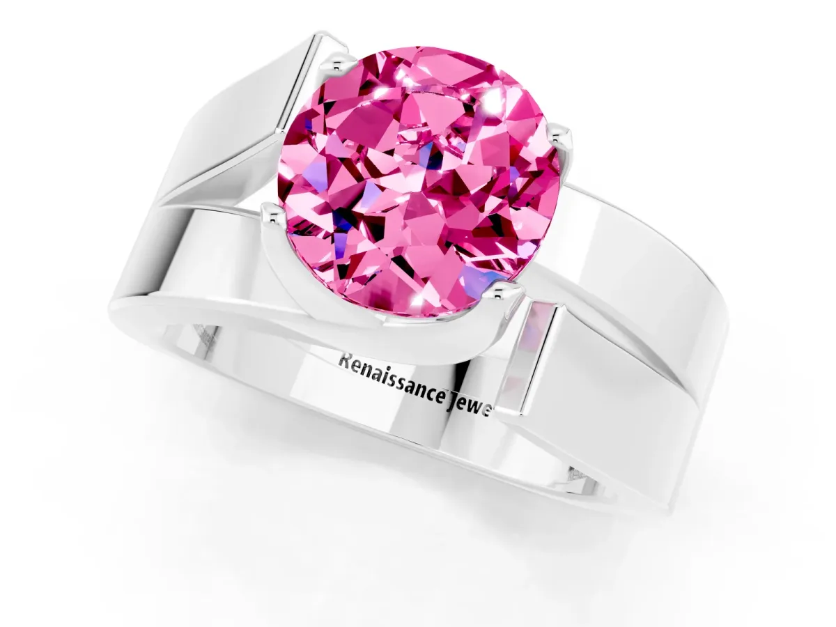 Modern Tension Set Round Cut Pink Sapphire Solitaire Wide Band Ring Silver