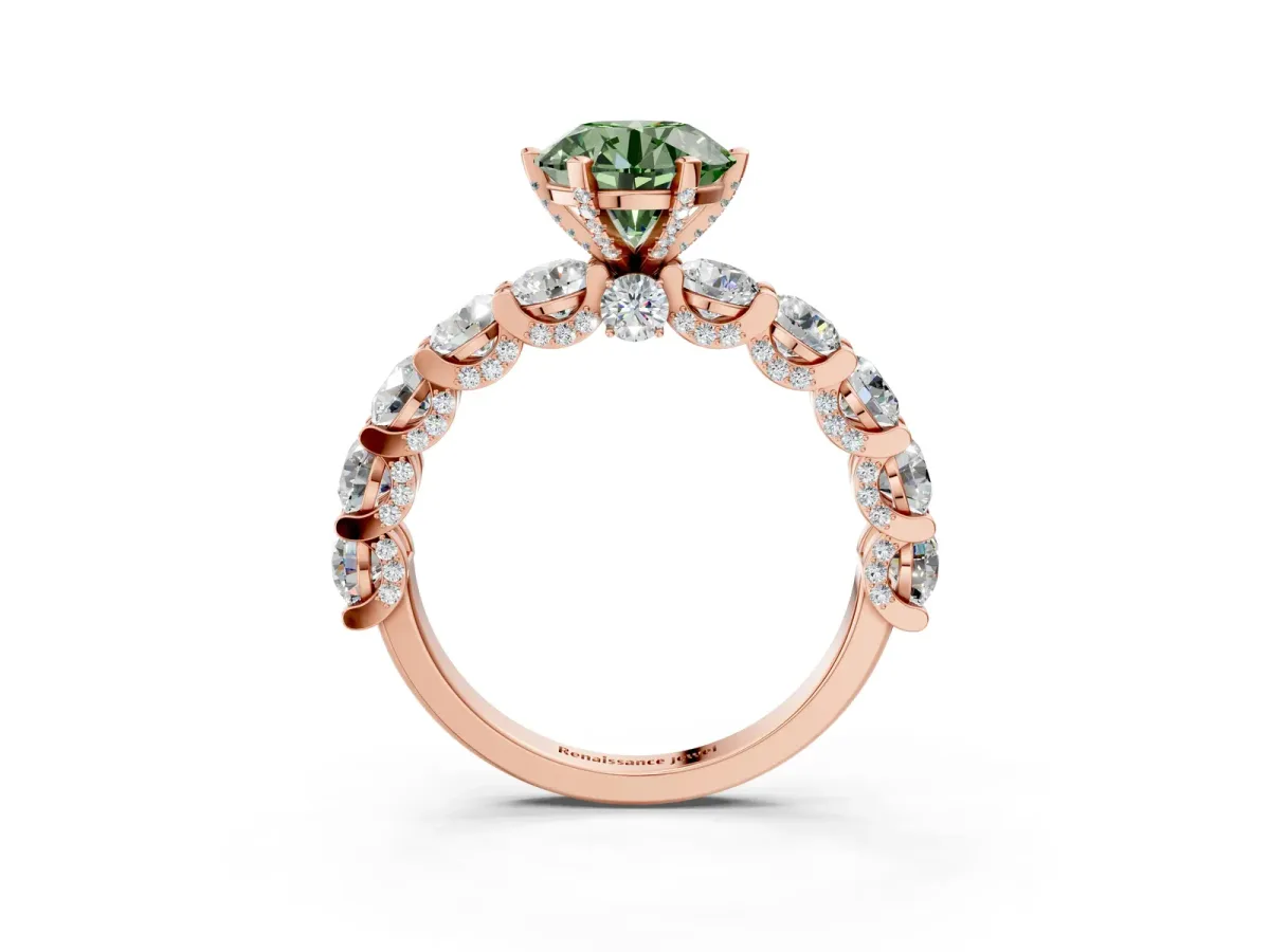Fancy Green Round Cut Diamond Side Stone Engagement Ring with Four-Prong Setting Rose gold