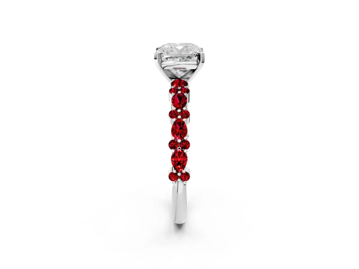 Cushion Cut Diamond Side Stone Solitaire Ring with Round Ruby and Four-Prong Setting White gold