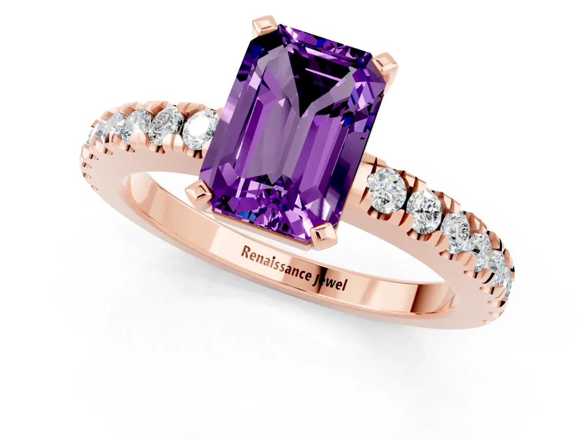Emerald Cut Solitaire Amethyst with Pavé Band and Four-Prong Setting Rose gold