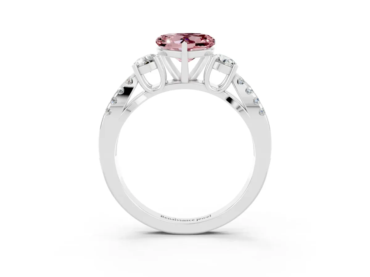 Heart Cut Morganite Three-Stone Ring with Pavé Split Shank and Four-Prong Setting White gold