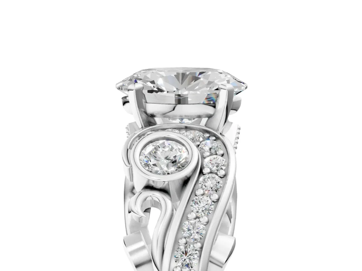 Oval Cut Diamond Solitaire Ring with Milgrain Pavé Band and Four-Prong Setting Silver