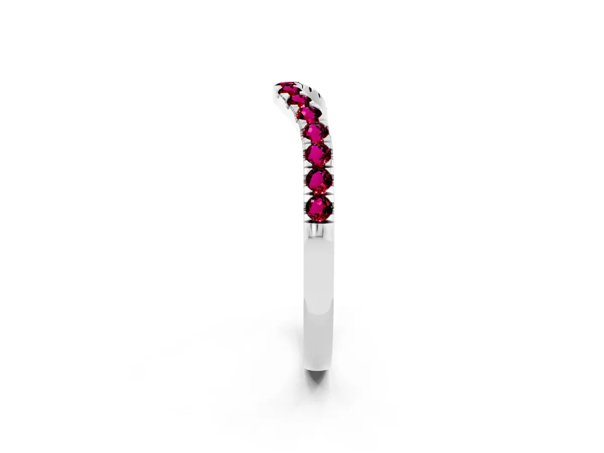 Curved Pavé Round Garnet Wedding Band with Shared Prong Setting White gold