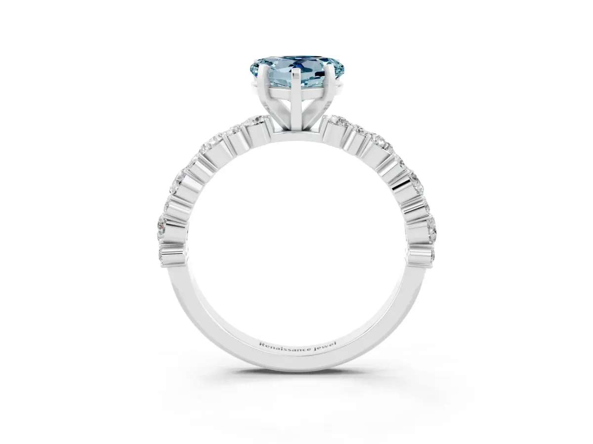 Heart Cut Aquamarine Side Stone Solitaire Ring with Round and Four-Prong Setting Platinum