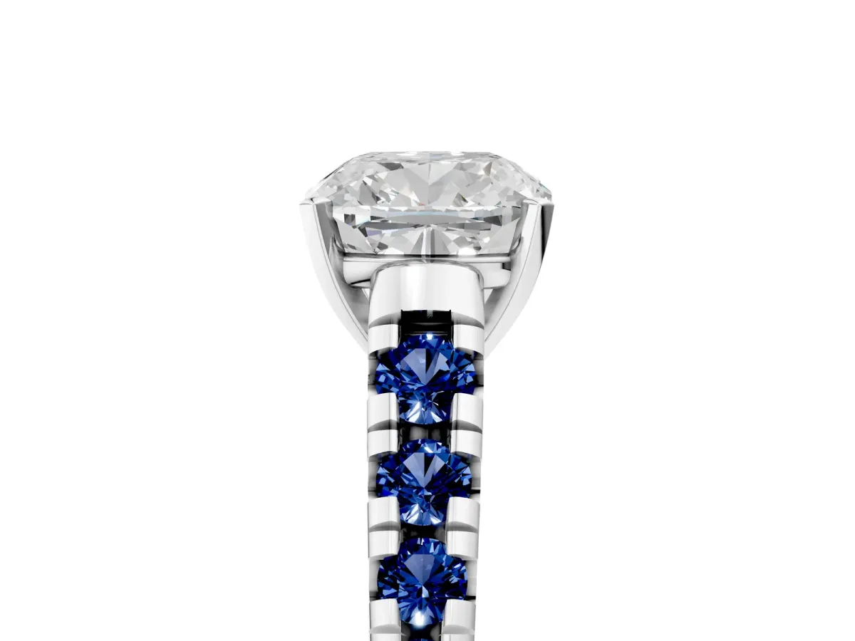 Cushion Cut Diamond Cathedral Solitaire Ring with Round Blue Sapphire Pavé Band Silver