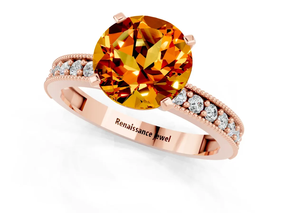Round Cut Citrine Milgrain Pavé Engagement Ring with Four-Prong Setting Rose gold