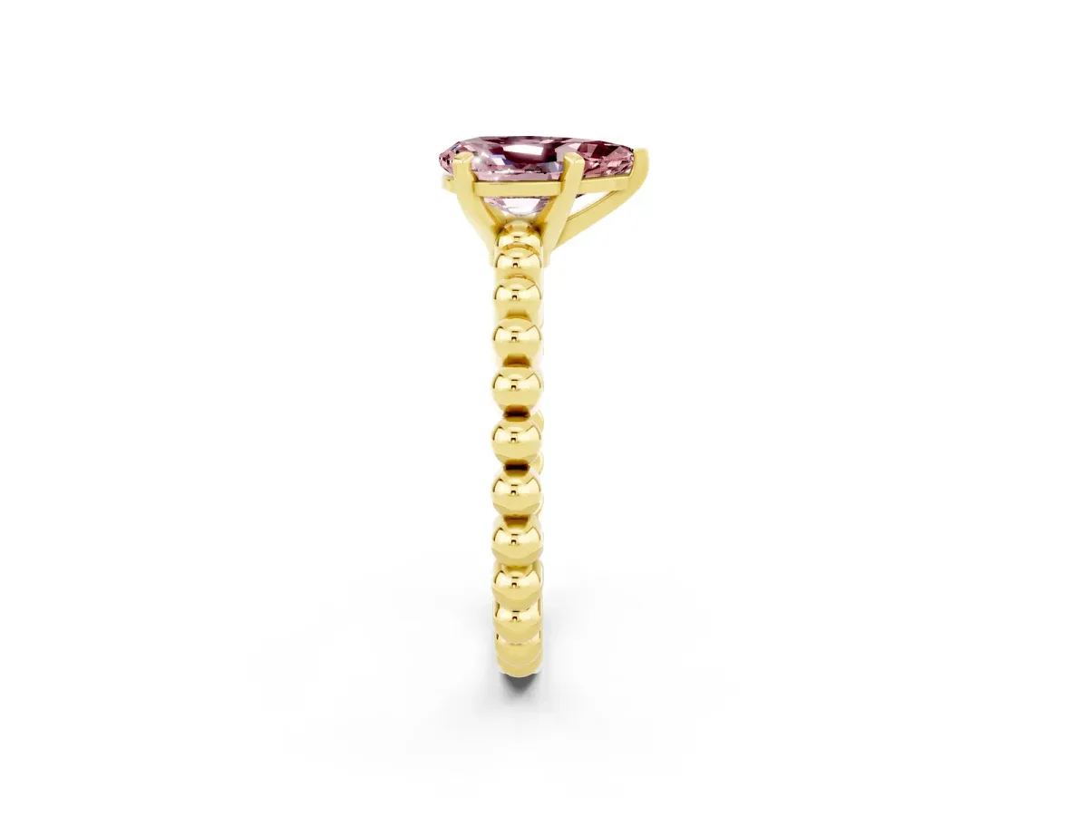Pear Cut Morganite Solitaire Ring with Beaded Band and Prong Setting Yellow gold