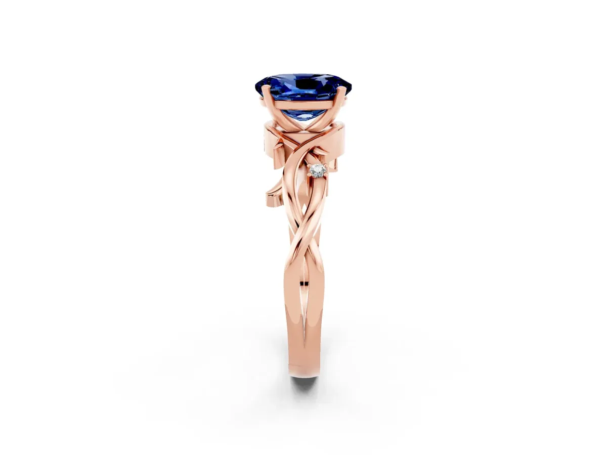 Oval Cut Blue Sapphire Solitaire Ring with Twisted Band and Prong Setting Rose gold
