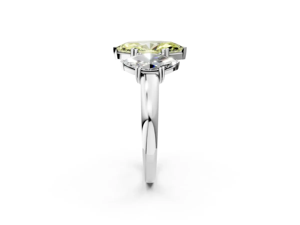 Fancy Yellow Three-Stone Marquise Cut Cut Diamond Ring with Channel Set Band and Four-Prong Setting Silver