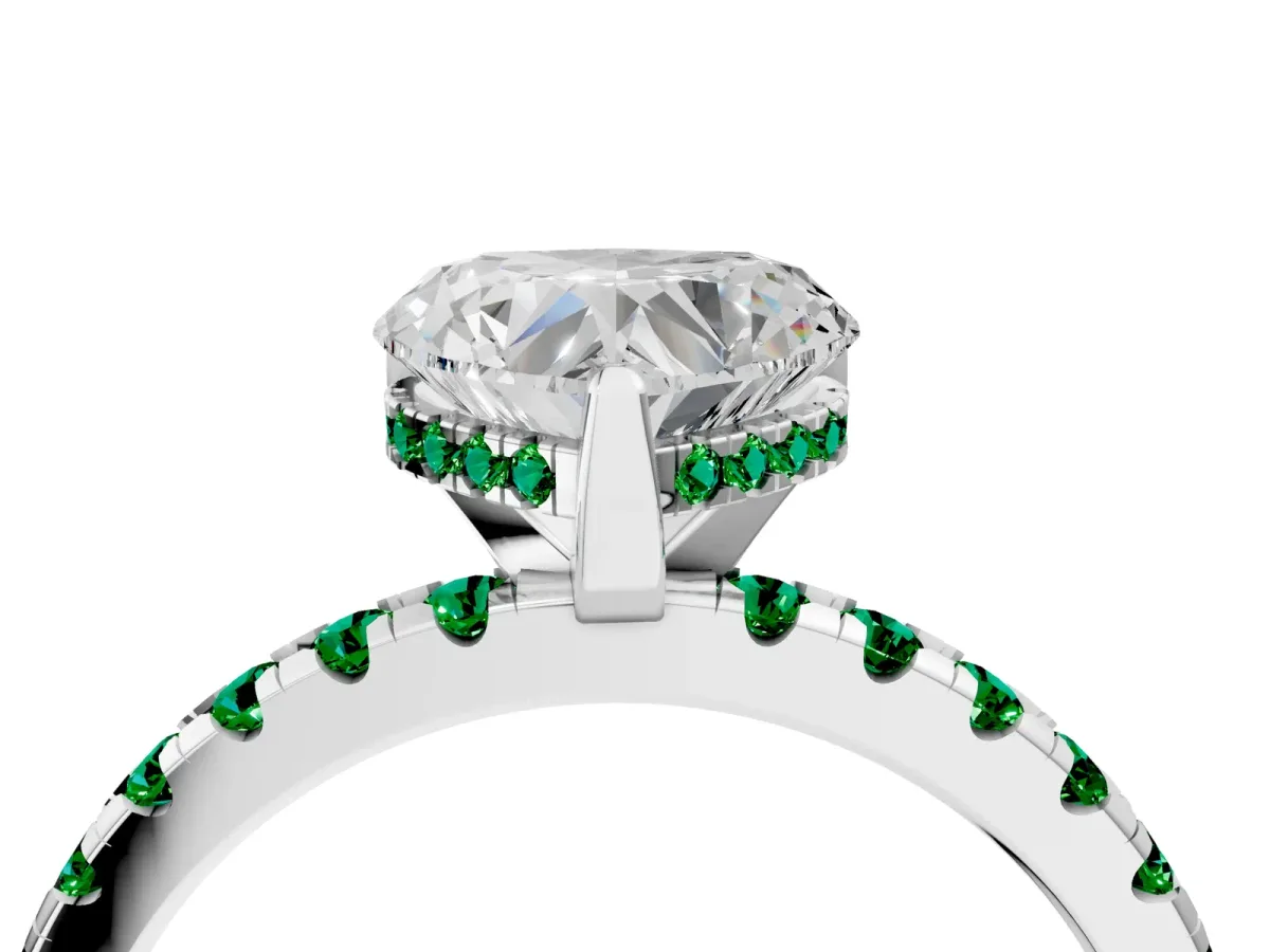Heart Cut Diamond Solitaire Ring with Round Emerald Pavé Band and Four-Prong Setting Silver