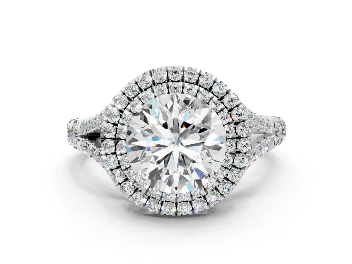 Round Cut Diamond Double Halo Ring with Split Shank and Prong Setting Platinum