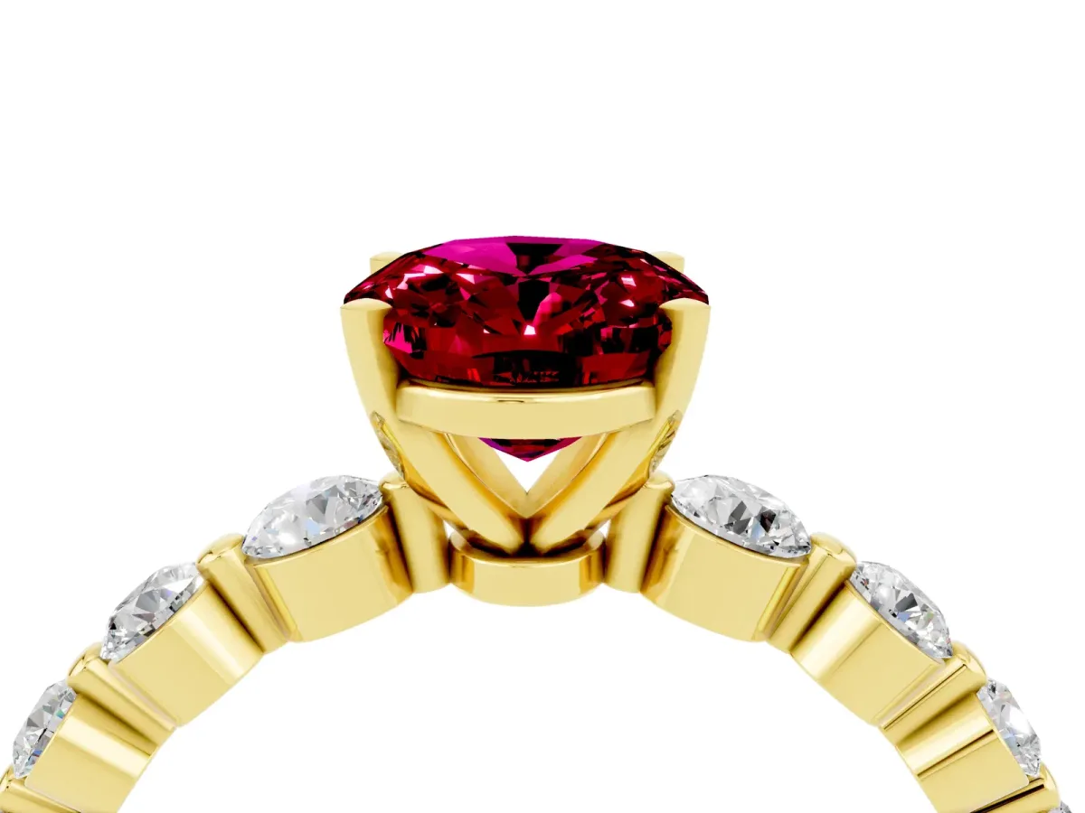 Oval Cut Solitaire Garnet Ring with Pave Band and Four-Prong Setting Yellow gold