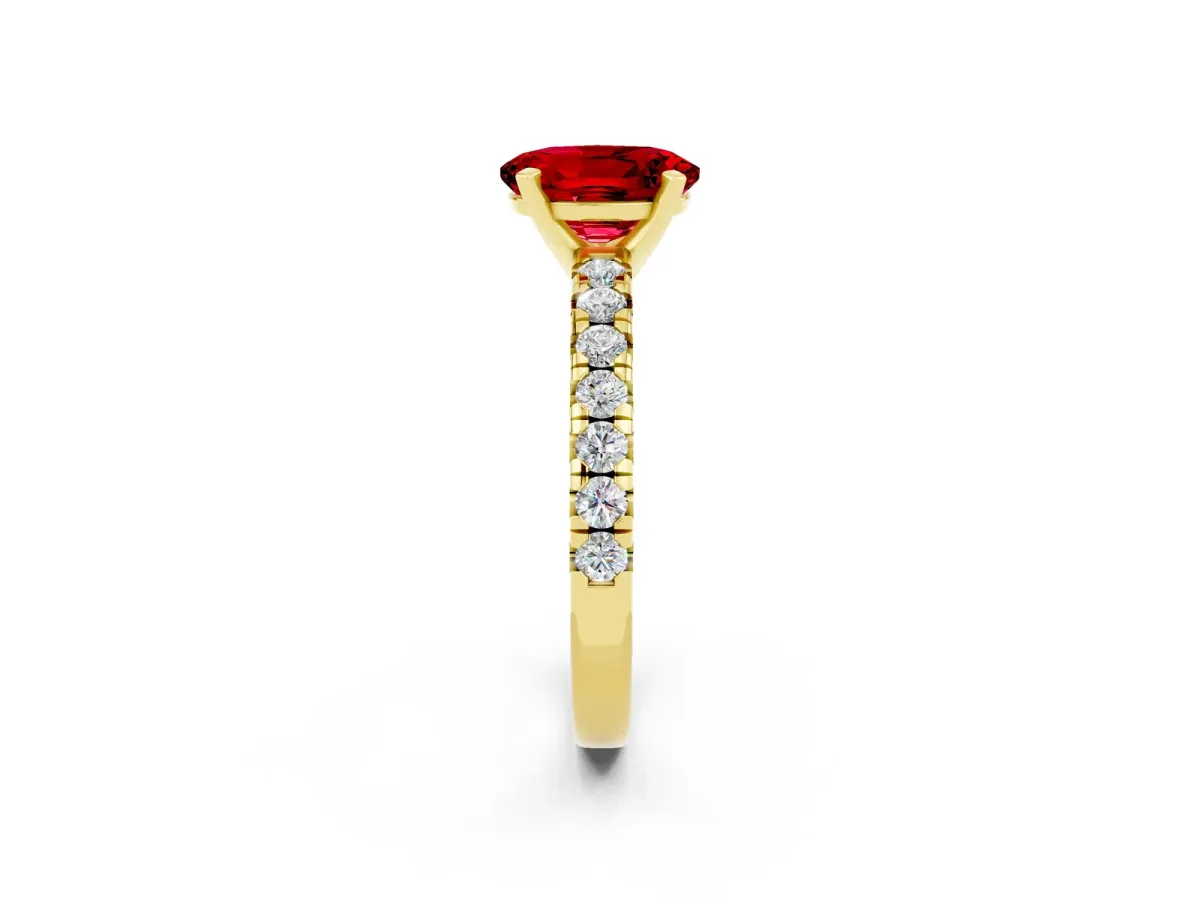 Oval Cut Ruby Solitaire Pavé Engagement Ring with Round Band and Prong Setting Yellow gold