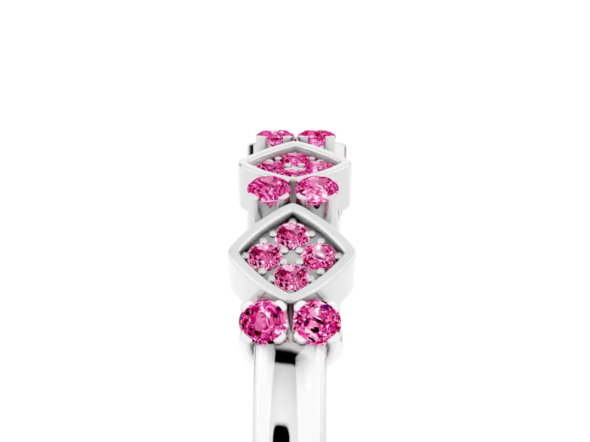 Pavé Cushion Pink Sapphire Cluster Eternity Band with Prong Setting Silver