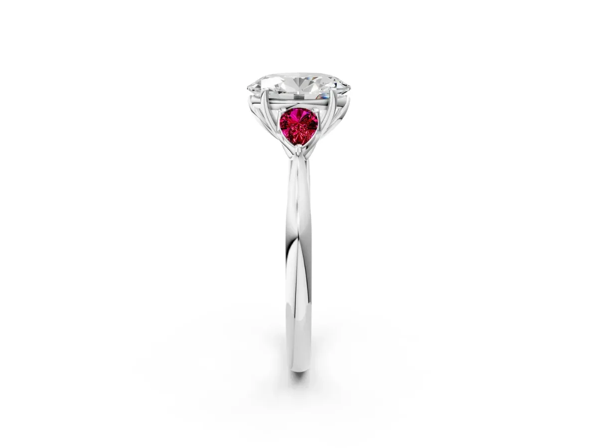 Oval Cut Diamond Three-Stone Ring with Pear Garnet Side Stones and Prong Setting White gold