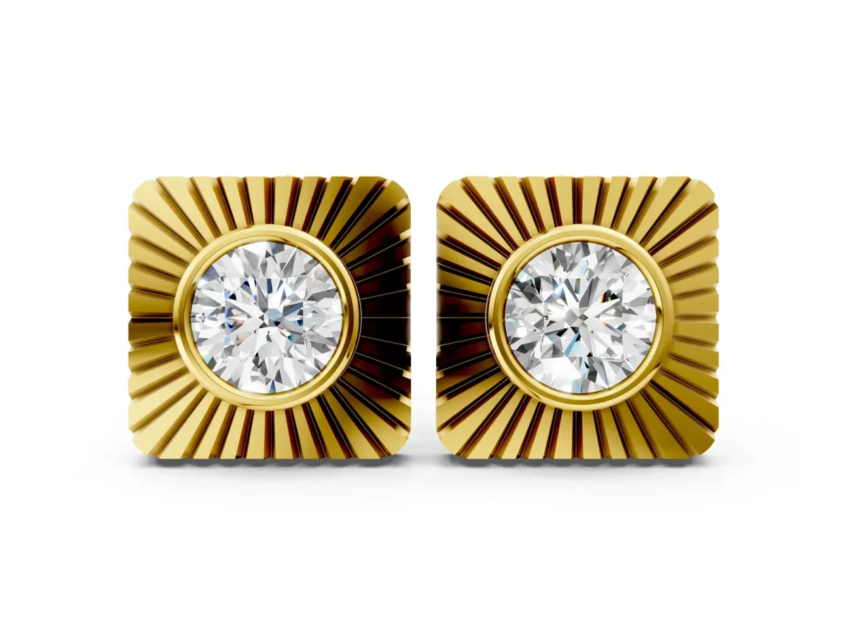Round Diamond Sunburst Square Stud Earrings Yellow gold
