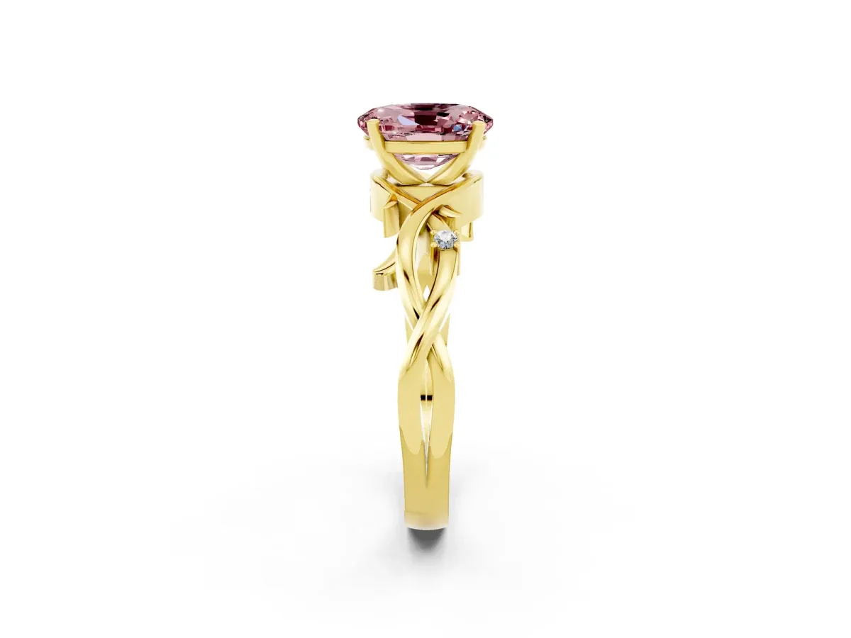Oval Cut Morganite Solitaire Ring with Twisted Band and Prong Setting Yellow gold