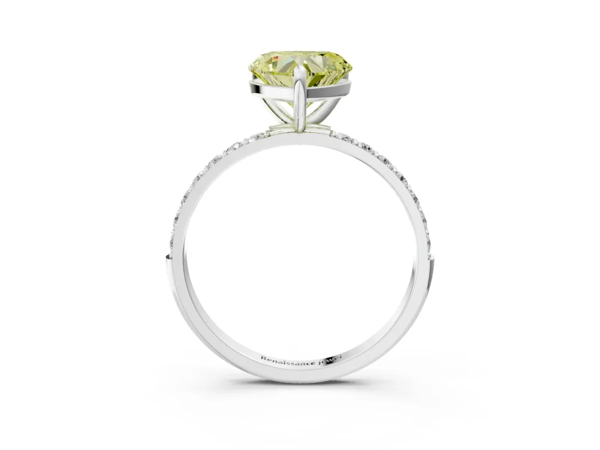Fancy Yellow Heart Cut Diamond Solitaire Ring with Round Pavé Band and Prong Setting Silver