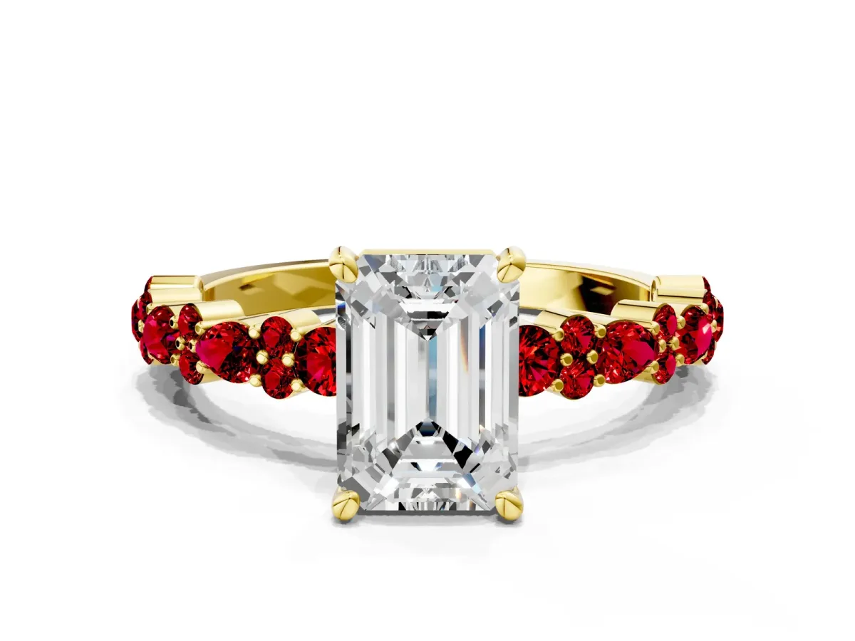 Emerald Cut Diamond Side Stone Solitaire Ring with Round Ruby and Four-Prong Setting Yellow gold