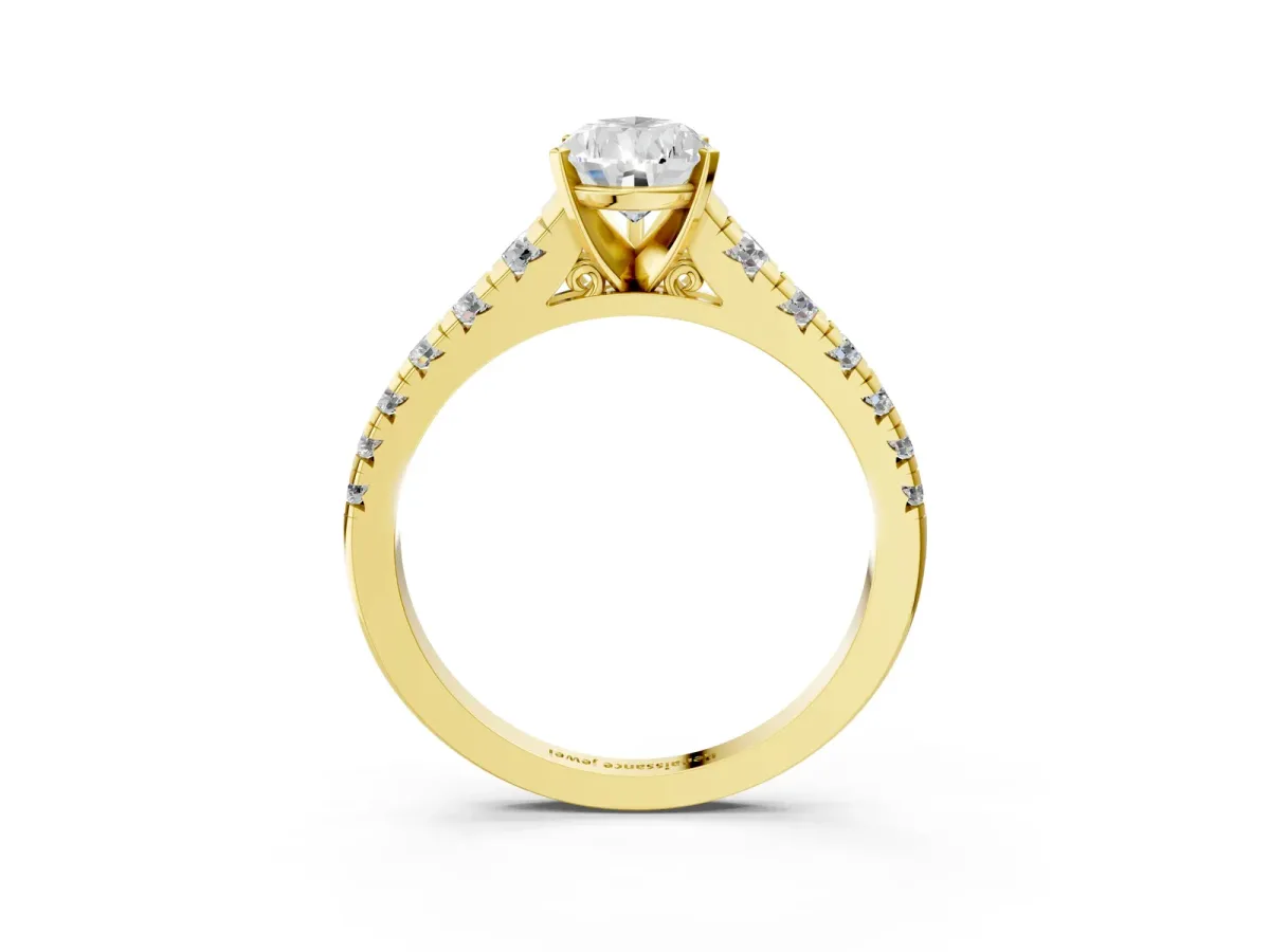 Pear Cut Diamond Cathedral Solitaire Ring with Round Pavé Band Yellow gold