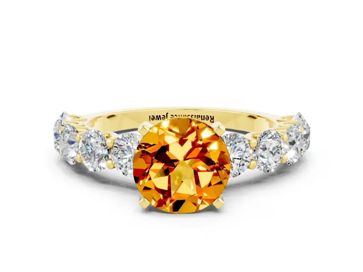 Round Cut Citrine Prong Setting with Side Stones on a Pave Band Yellow gold