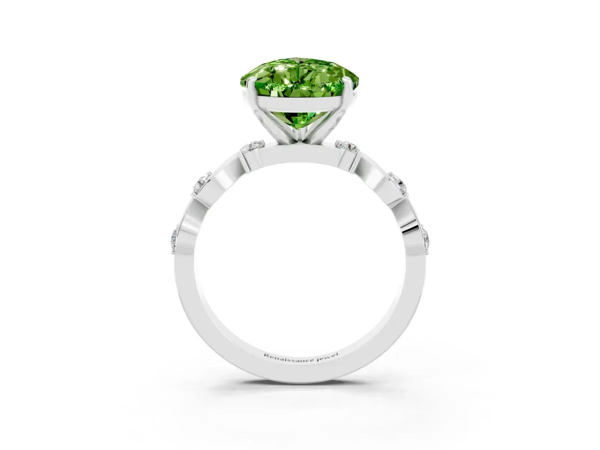 Pear Cut Peridot Solitaire Twisted Band with Round Accents and Prong Setting Silver