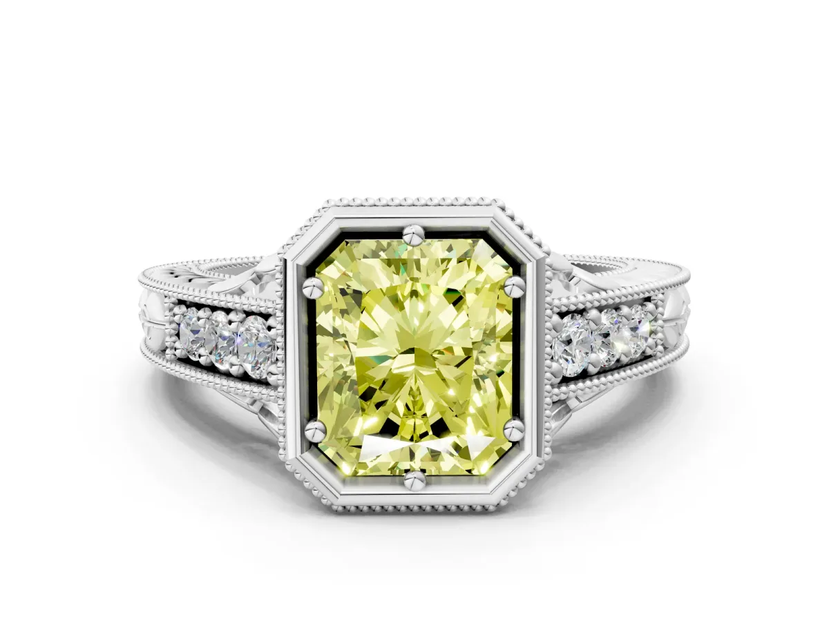 Fancy Yellow Bezel Set Radiant Cut Diamond Milgrain Pave Engagement Ring Platinum