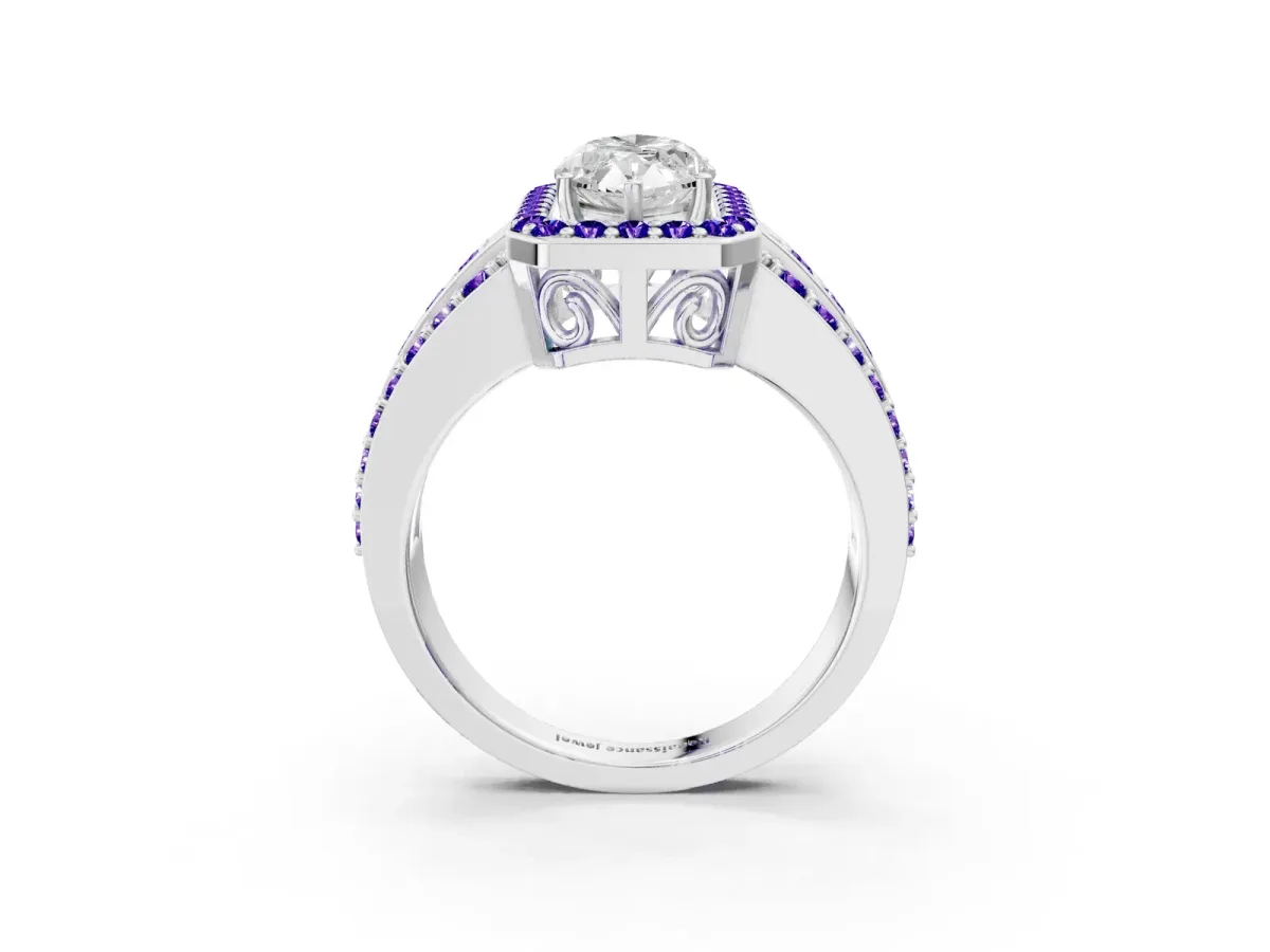 Marquise Cut Halo Diamond Ring with Round Tanzanite Split Shank and Prong Setting Silver