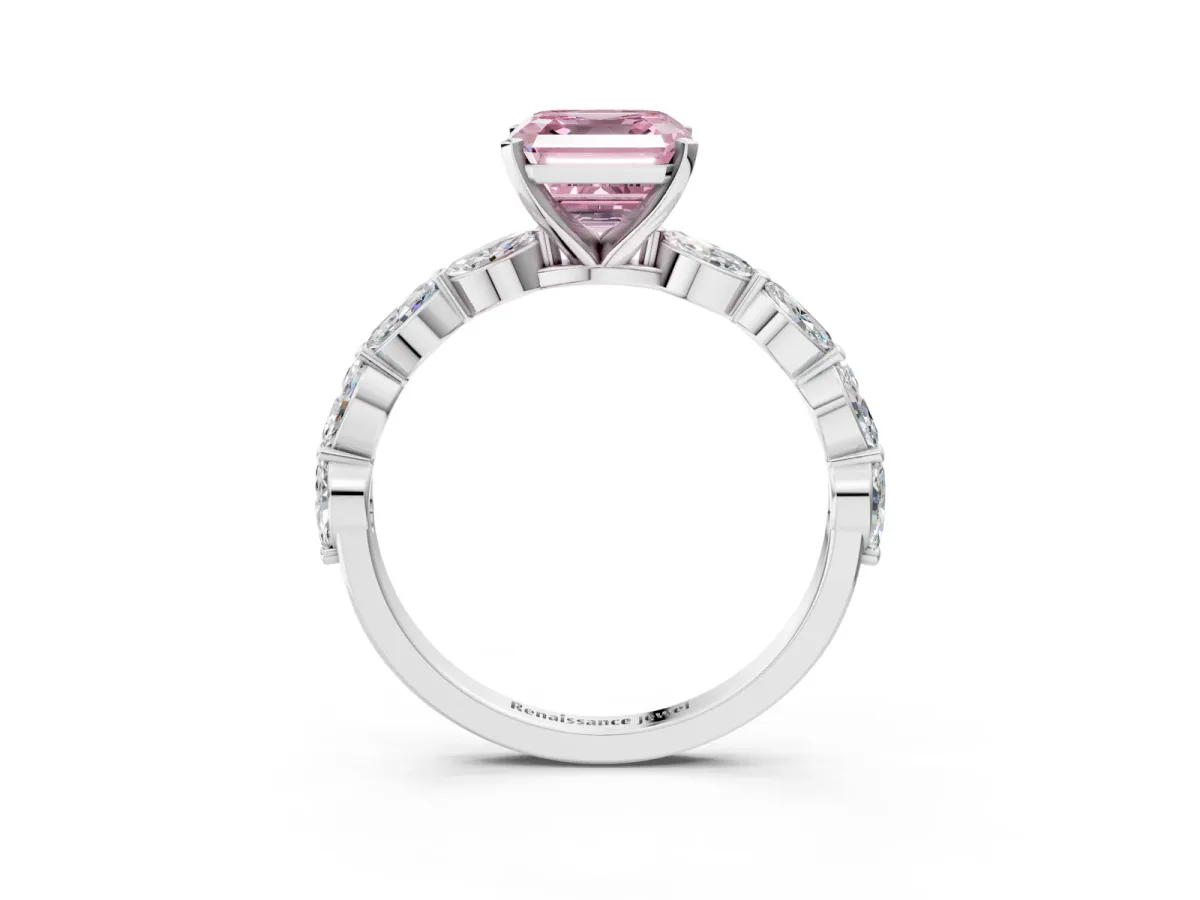 Fancy Pink Asscher Cut Diamond Ring with Marquise Side Stones and Prong Setting Platinum