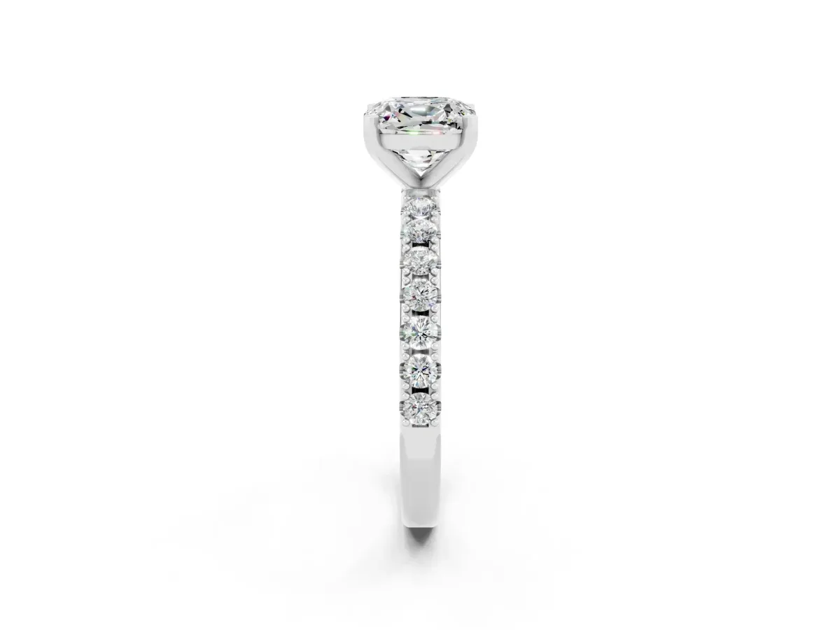 Cushion Cut Moissanite Solitaire Pavé Band with Four-Prong Setting Silver