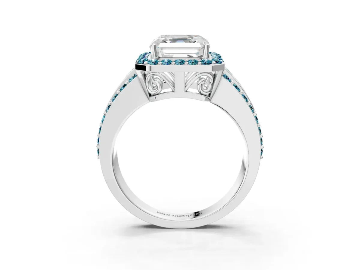 Asscher Cut Halo Diamond Ring with Round Blue Topaz Split Shank and Prong Setting Silver