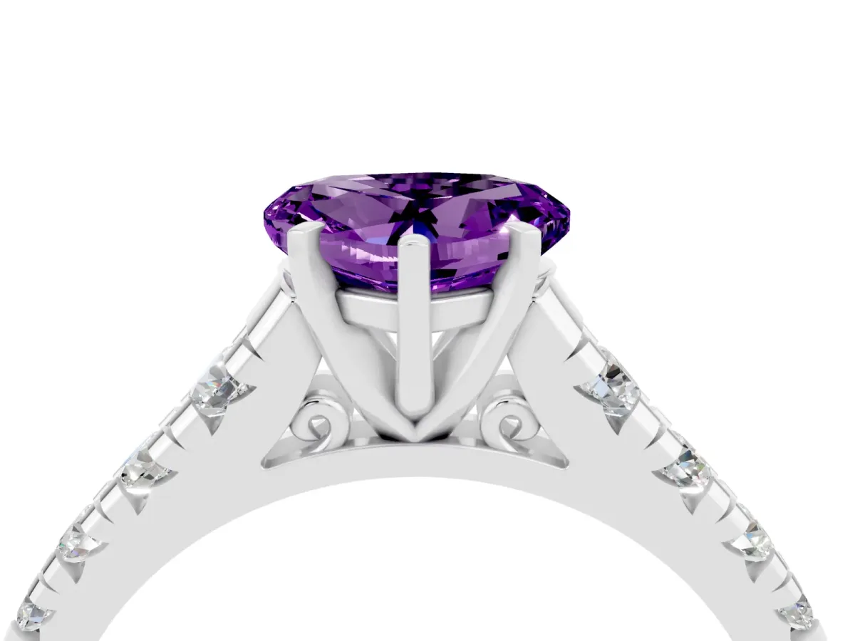 Heart Cut Amethyst Cathedral Solitaire Ring with Round Pavé Band Silver