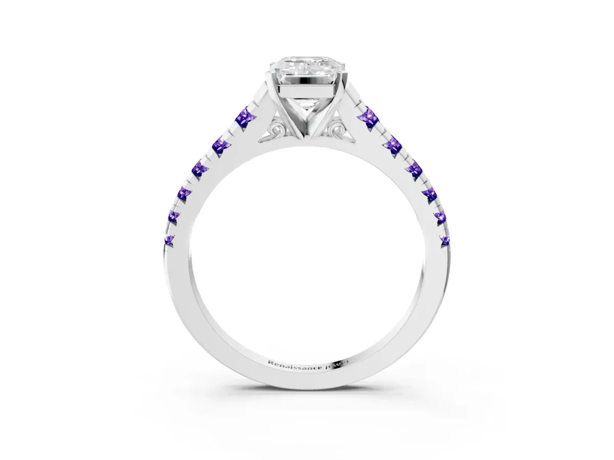 Emerald Cut Diamond Cathedral Solitaire Ring with Round Tanzanite Pavé Band Silver