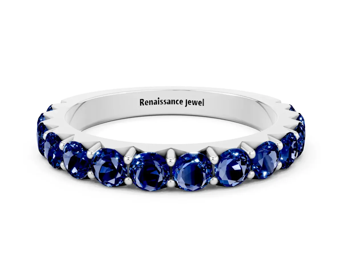 Round Blue Sapphire Half Eternity Band with Classic Prong Setting White gold