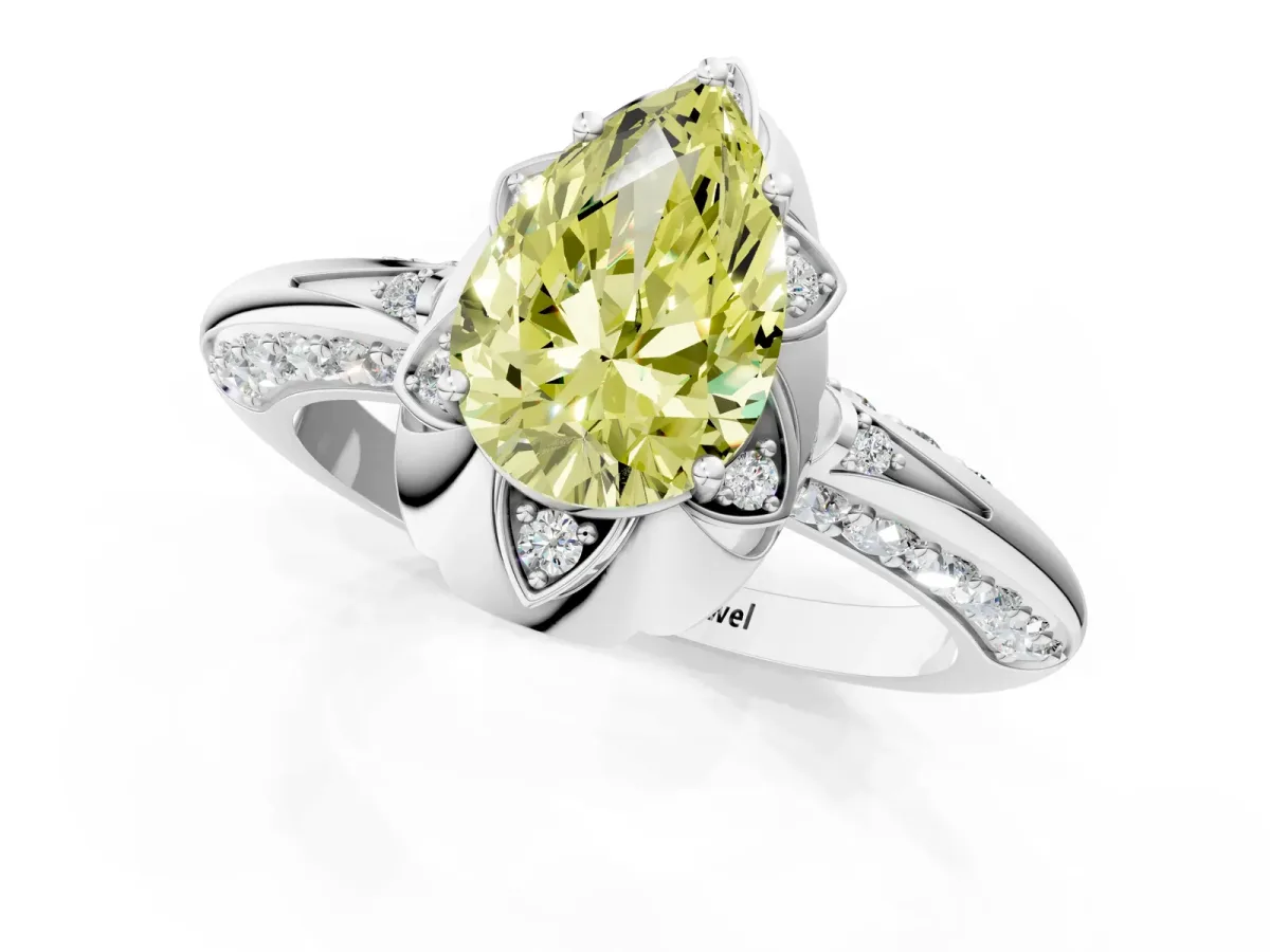 Fancy Yellow Pear Cut Halo Split Shank Pave Diamond Ring with Petal Prong Setting Platinum
