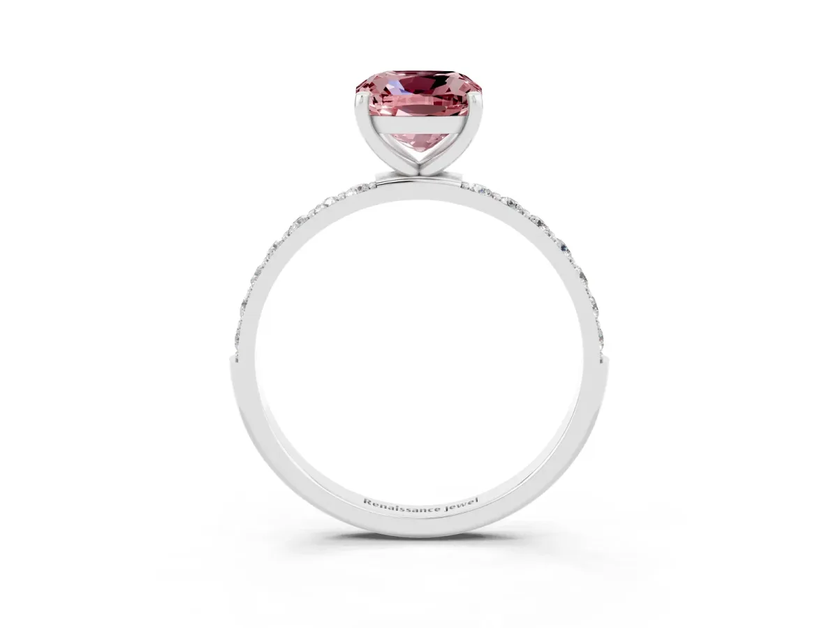 Cushion Cut Morganite Solitaire Ring with Round Pavé Band and Prong Setting Silver