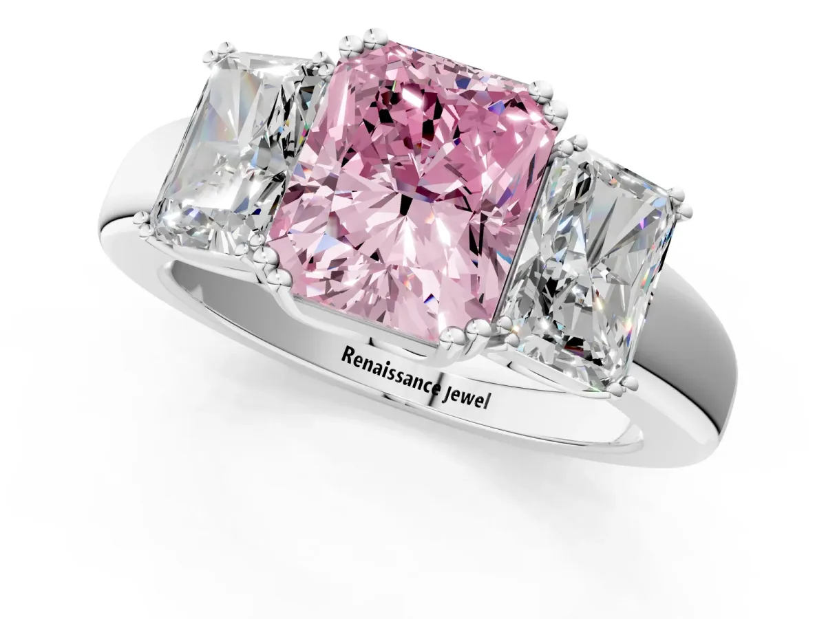 Fancy Pink Three-Stone Radiant Cut Cut Diamond Ring with Channel Set Band and Four-Prong Setting Silver